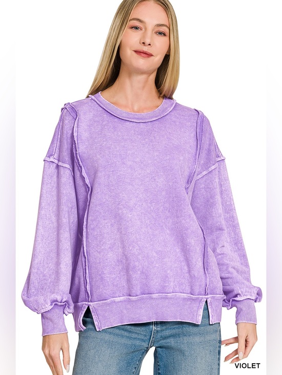 Zenana Outfitters Tops - Zenana Violet Halo Snow Washed French Terry Exposed Seam Sweatshirt